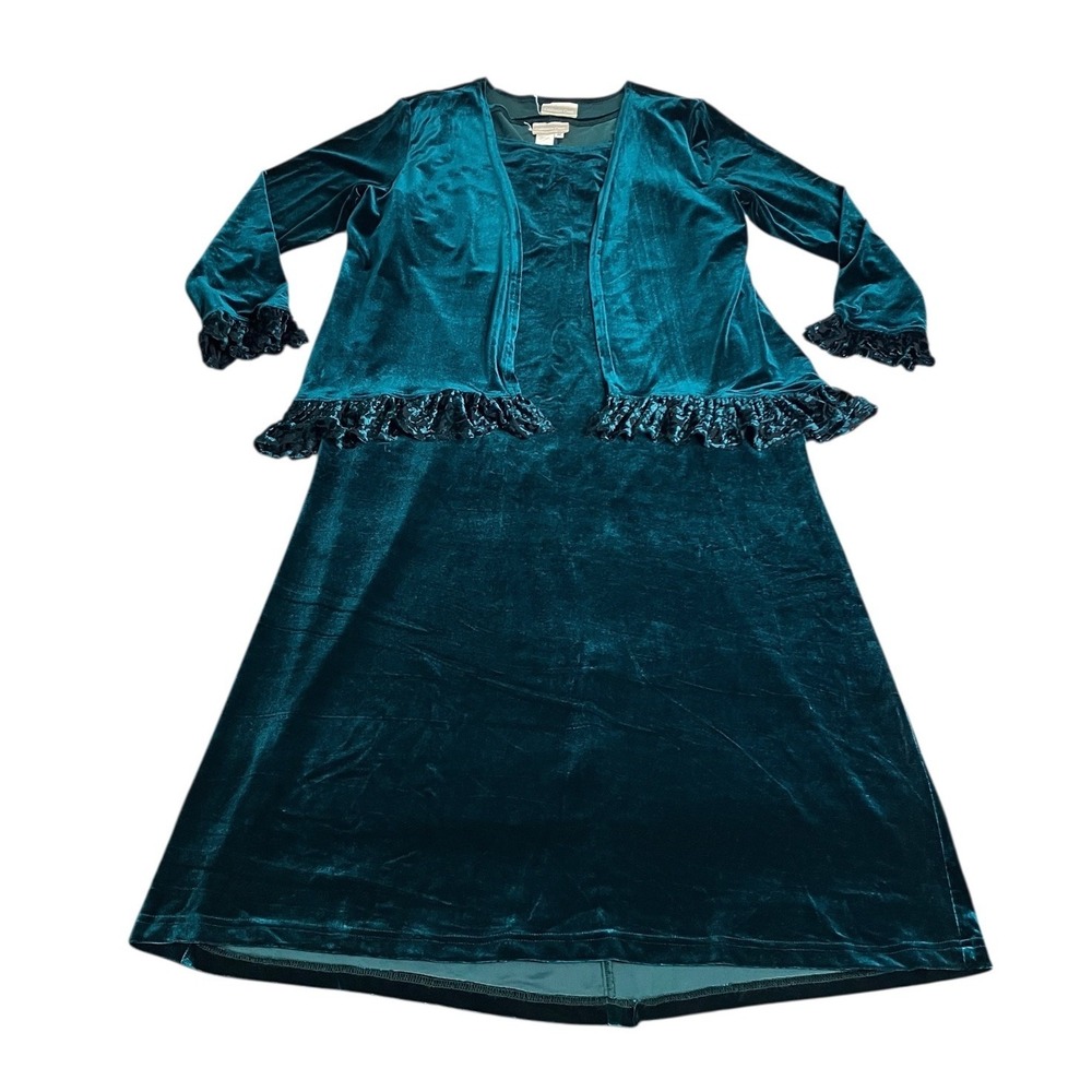 Vintage Y2K 90s Whimsygoth Velvet Maxi Dress Cardigan Set M Green Burnout Ruffle